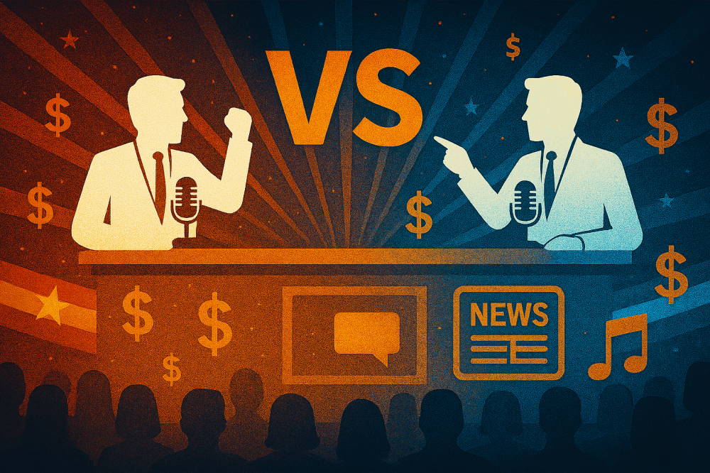 Two people arguing at a desk with dollar signs.