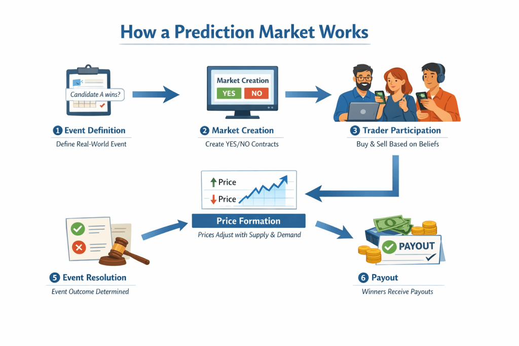 Flow Diagram: Prediction Market Process
The diagram includes:
1. Event Definition
A real-world event is defined (e.g., “Candidate A wins the election”).
2. Market Creation
A prediction market is created with YES/NO contracts.
3. Trader Participation
Diverse participants buy/sell contracts based on their beliefs.
4. Price Formation
Prices fluctuate based on supply and demand, reflecting collective probability estimates.
5. Event Resolution
The event occurs (or doesn’t), and the market resolves.
6. Payout
Traders holding correct contracts receive payouts.