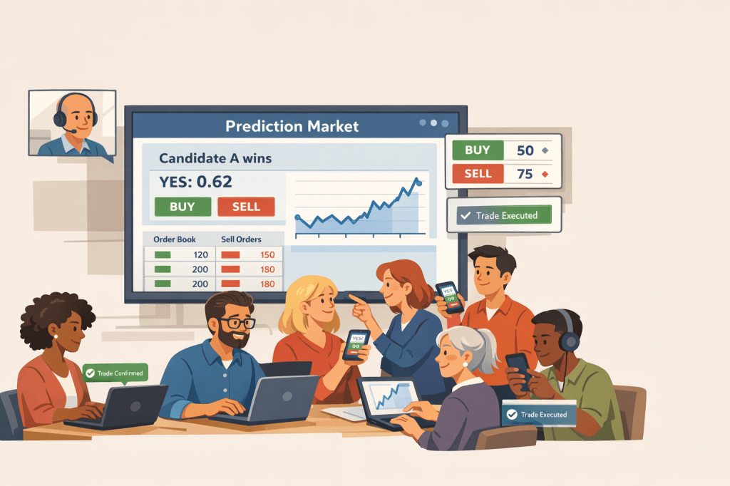 People watching a prediction market with comuters and cell phones to anticipate election results.