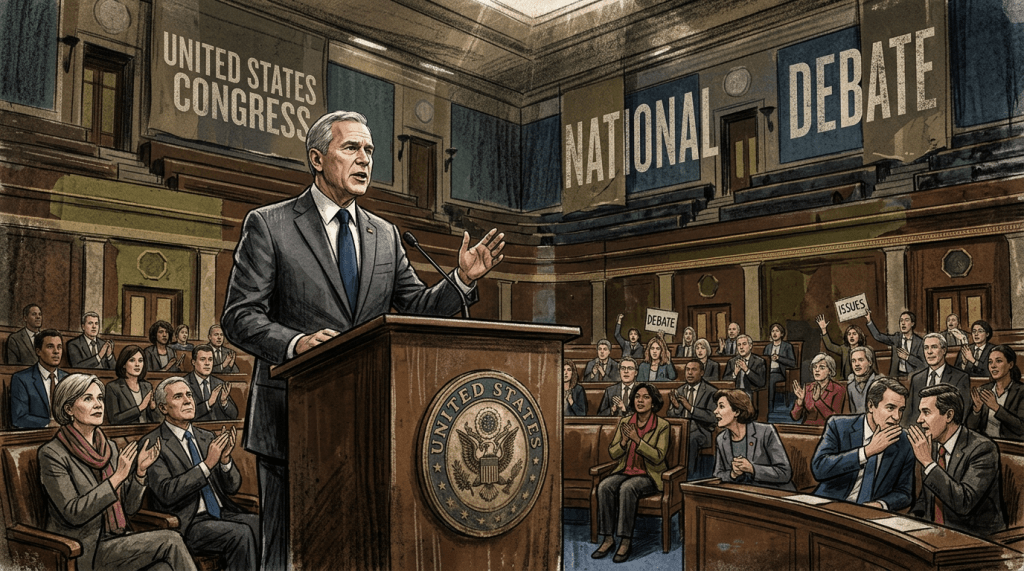 Speaker at podium addressing U.S. Congress during national debate