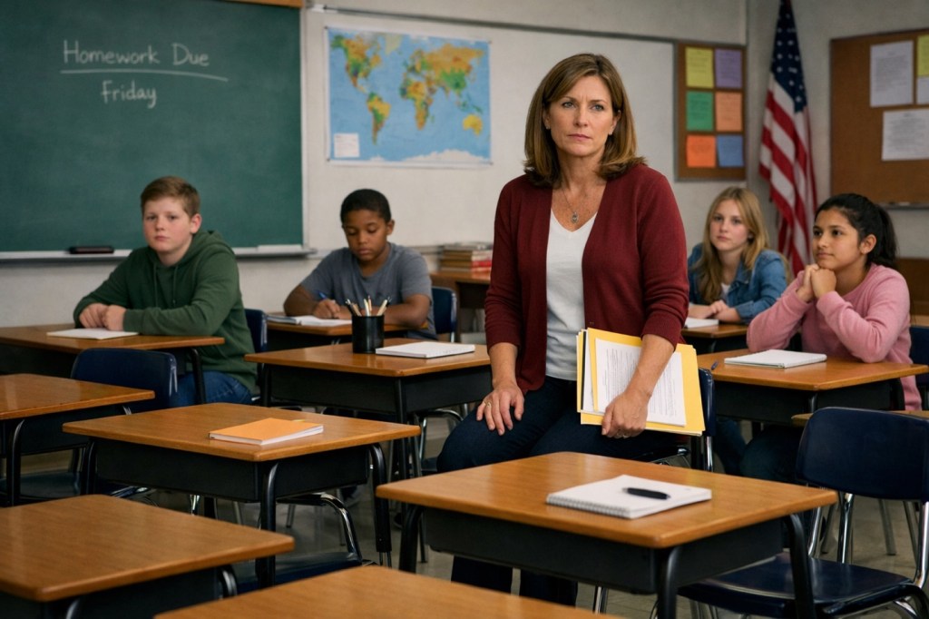 A teacher with several empty seats in a classroom.