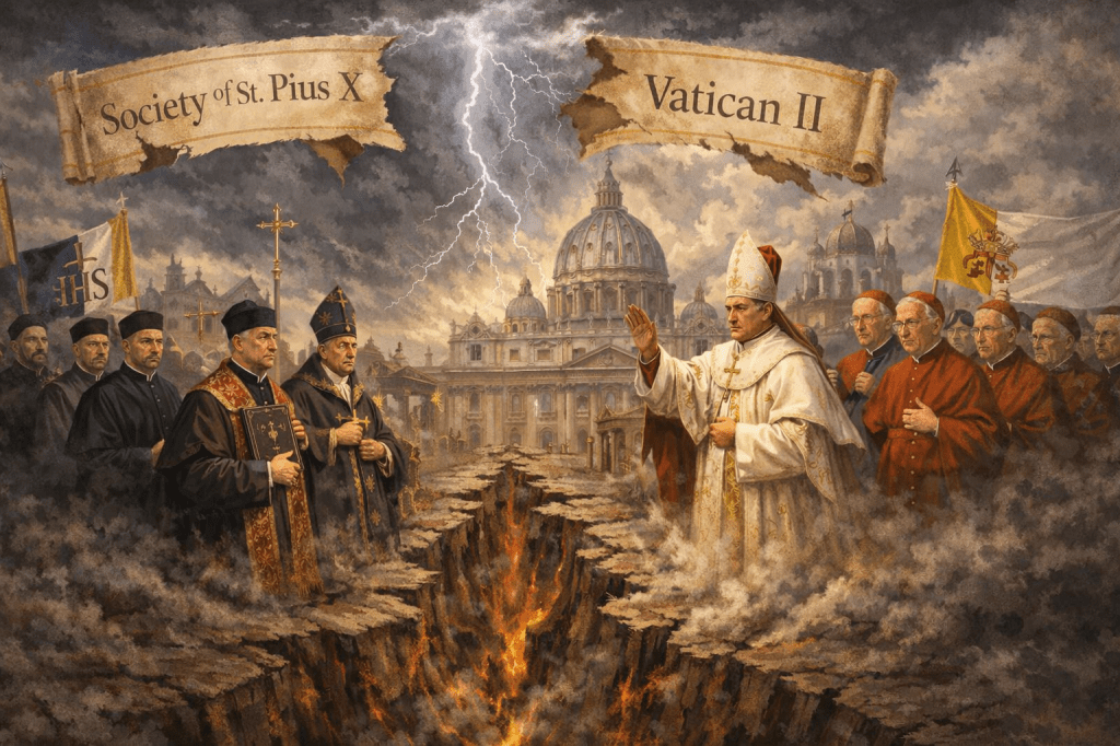 A illustration of the split between that Vatican and Society of St. Pius X. 